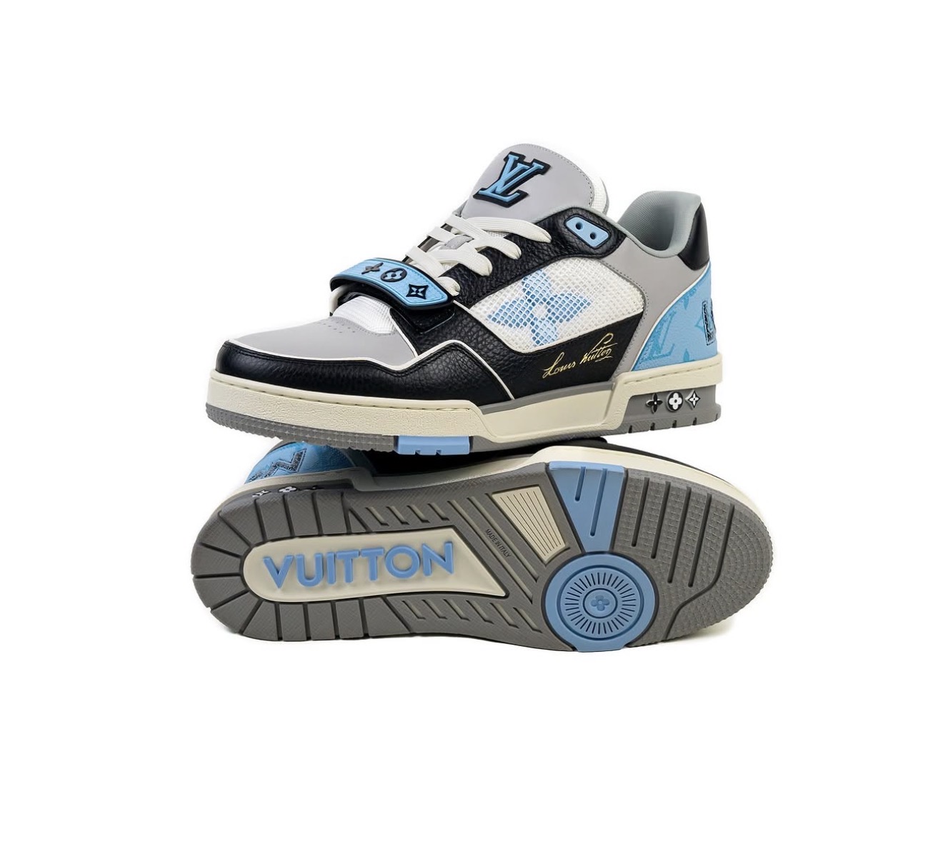 Louis Vuitton LV Trainer en azul, gris y blanco — diseñador Holy Grail